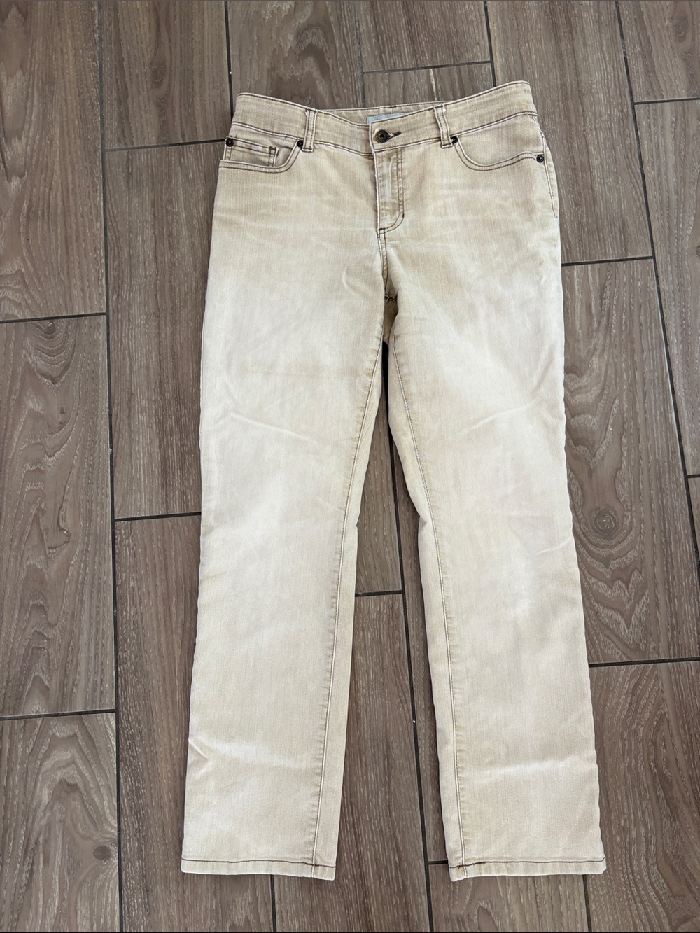 Chico’s platinum denim jeans Ultimate fit Slim straight leg Tan brown stitch